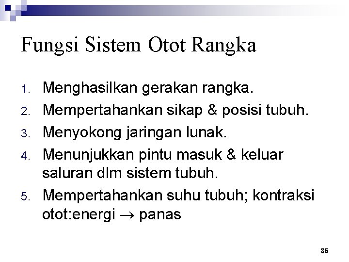 Fungsi Sistem Otot Rangka 1. 2. 3. 4. 5. Menghasilkan gerakan rangka. Mempertahankan sikap