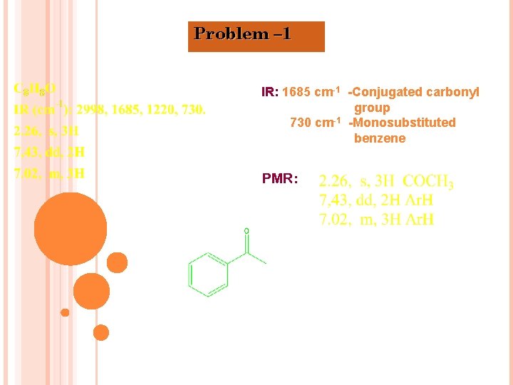 Problem – 1 IR: 1685 cm-1 -Conjugated carbonyl group 730 cm-1 -Monosubstituted benzene PMR: