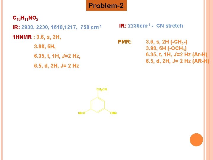 Problem-2 C 10 H 11 NO 2 IR: 2938, 2230, 1610, 1217, 750 cm-1