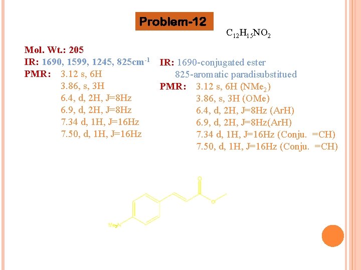 Problem-12 C 12 H 15 NO 2 Mol. Wt. : 205 IR: 1690, 1599,