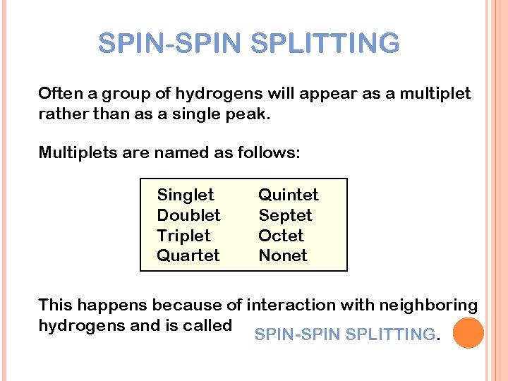 SPIN-SPIN SPLITTING Often a group of hydrogens will appear as a multiplet rather than