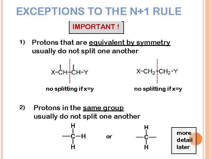 EXCEPTIONS TO THE N+1 RULE IMPORTANT ! 1) Protons that are equivalent by symmetry