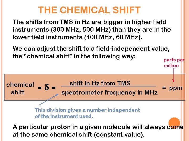 THE CHEMICAL SHIFT The shifts from TMS in Hz are bigger in higher field