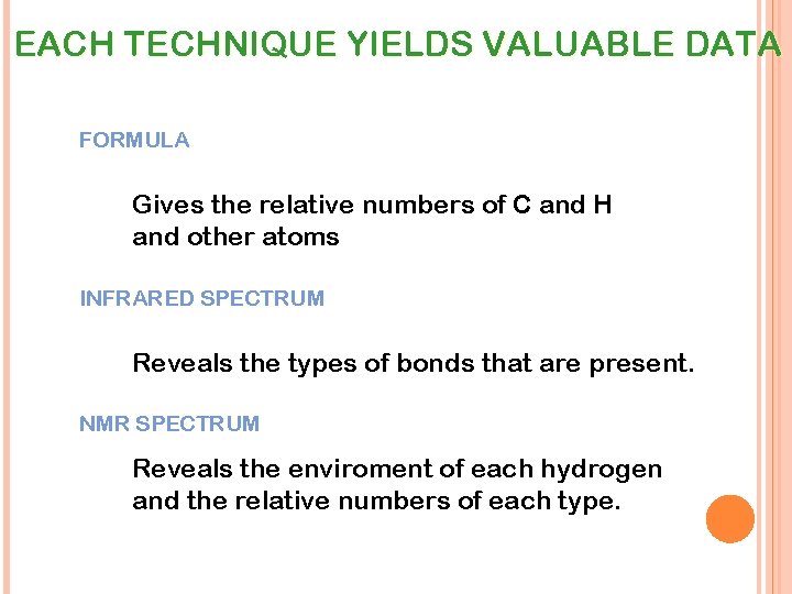 EACH TECHNIQUE YIELDS VALUABLE DATA FORMULA Gives the relative numbers of C and H