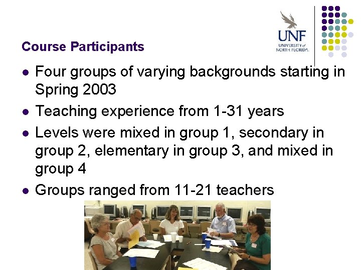 Course Participants l l Four groups of varying backgrounds starting in Spring 2003 Teaching