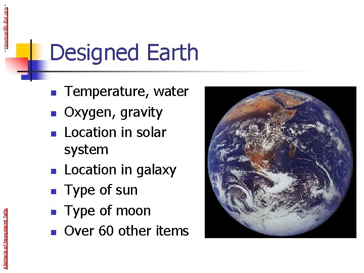 - newmanlib. ibri. org - Designed Earth n n Abstracts of Powerpoint Talks n