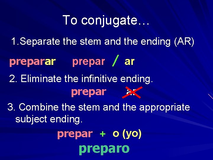 To conjugate… 1. Separate the stem and the ending (AR) preparar prepar / ar