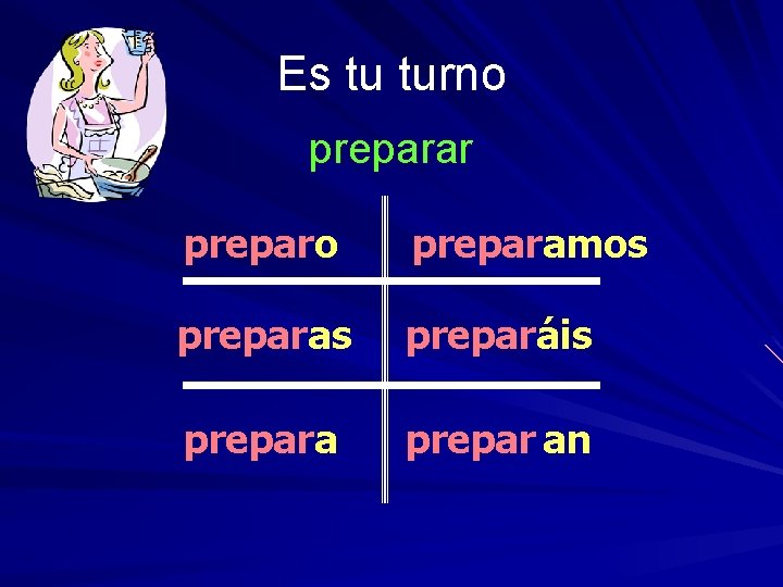 Es tu turno preparar preparo preparamos preparas preparáis prepara prepar an 