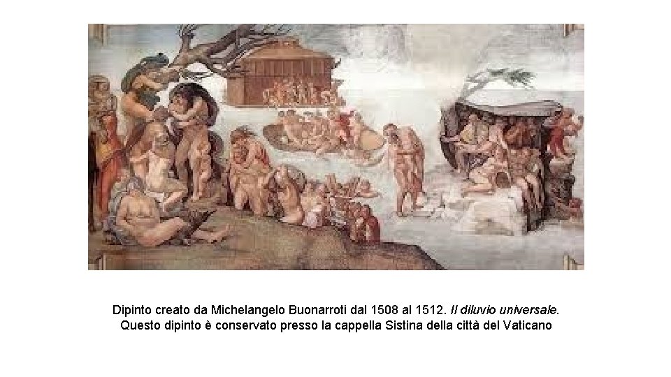 Dipinto creato da Michelangelo Buonarroti dal 1508 al 1512. Il diluvio universale. Questo dipinto