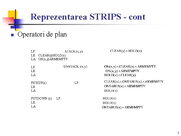 Reprezentarea STRIPS - cont n Operatori de plan LP: LE: CLEAR(y)HOLD(x) LA: ON(x, y)ARMEMPTY