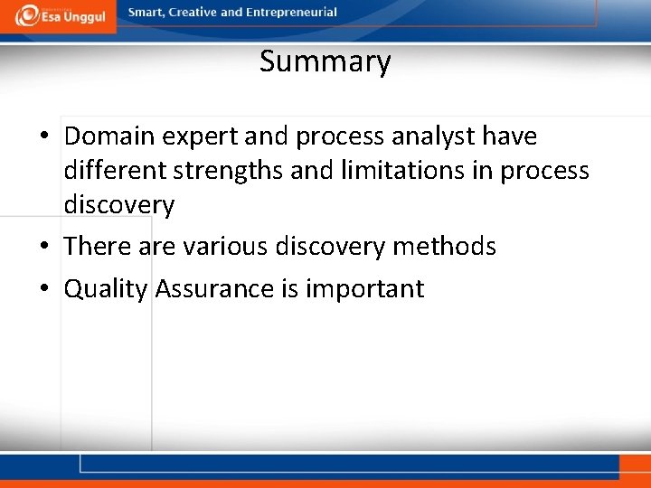 Summary • Domain expert and process analyst have different strengths and limitations in process