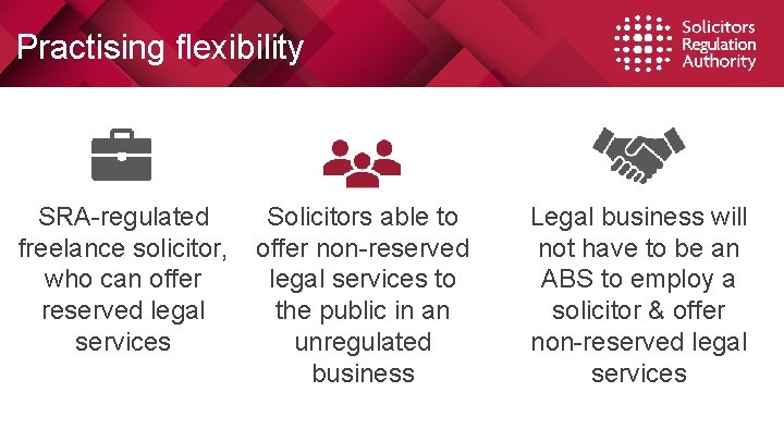 Practising flexibility SRA-regulated freelance solicitor, who can offer reserved legal services Solicitors able to