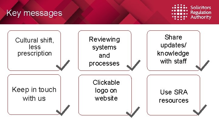 Key messages Cultural shift, less prescription Keep in touch with us Reviewing systems and