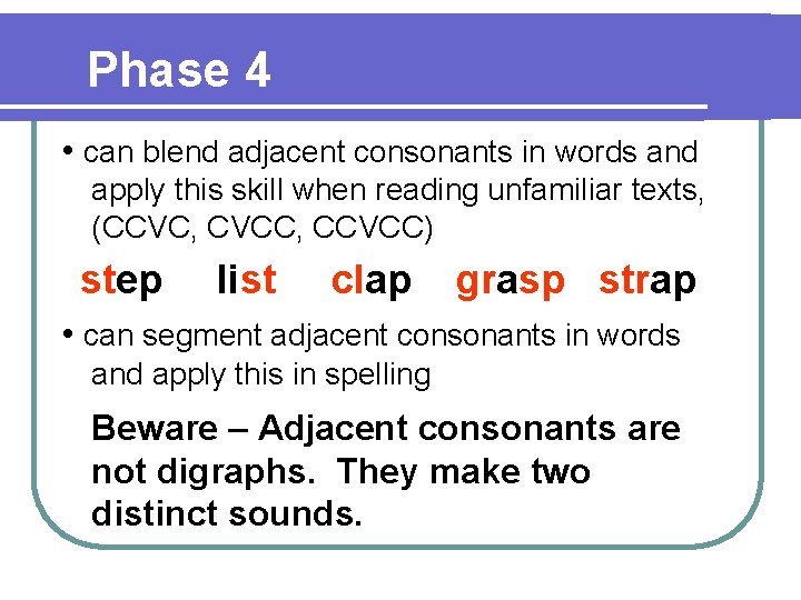 Phase 4 • can blend adjacent consonants in words and apply this skill when