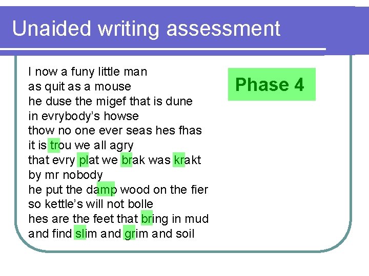 Unaided writing assessment I now a funy little man as quit as a mouse