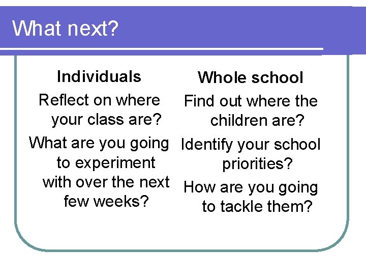 What next? Individuals Whole school Reflect on where Find out where the your class
