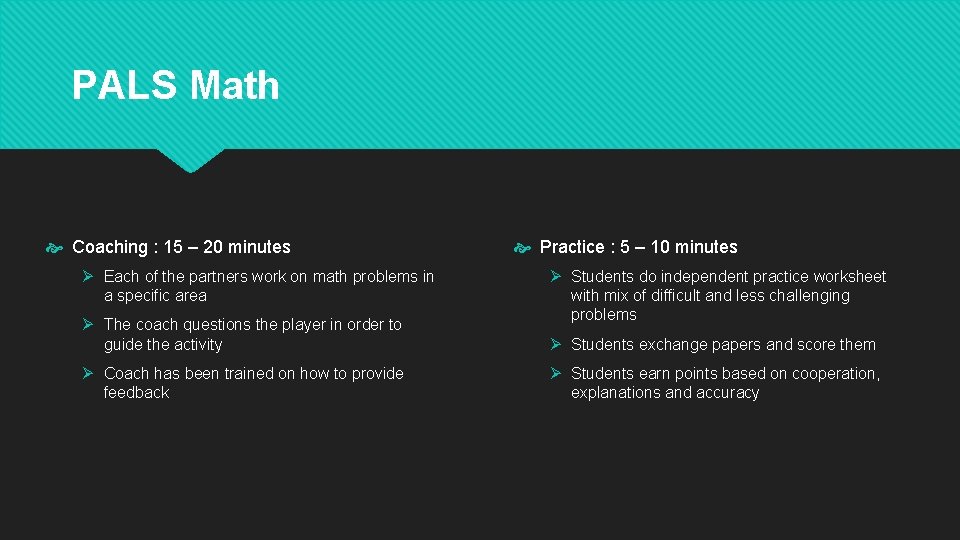 PALS Math Coaching : 15 – 20 minutes Ø Each of the partners work PALS Math Coaching : 15 – 20 minutes Ø Each of the partners work