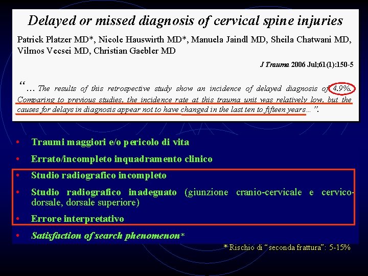 Delayed or missed diagnosis of cervical spine injuries Patrick Platzer MD*, Nicole Hauswirth MD*,