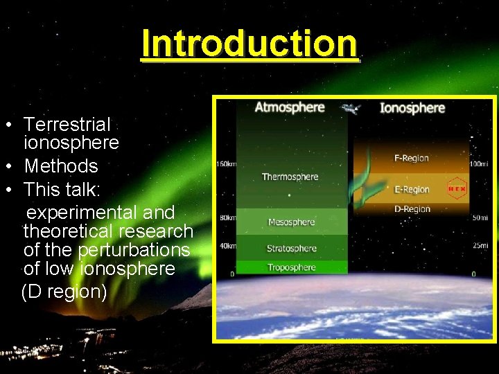 Introduction • Terrestrial ionosphere • Methods • This talk: experimental and theoretical research of