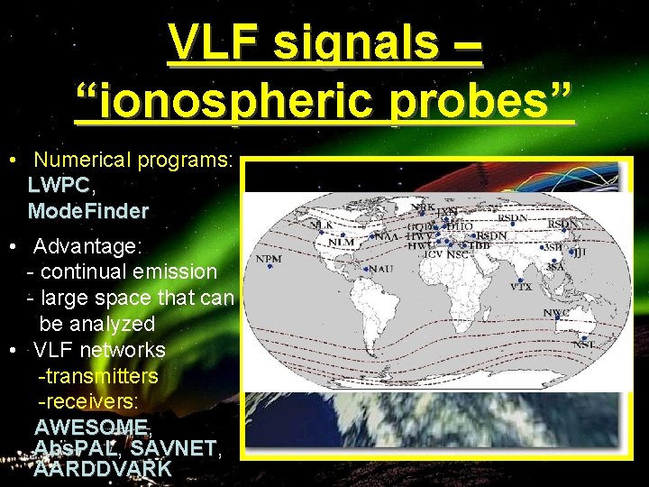 VLF signals – “ionospheric probes” • Numerical programs: LWPC, LWPC Mode. Finder • Advantage:
