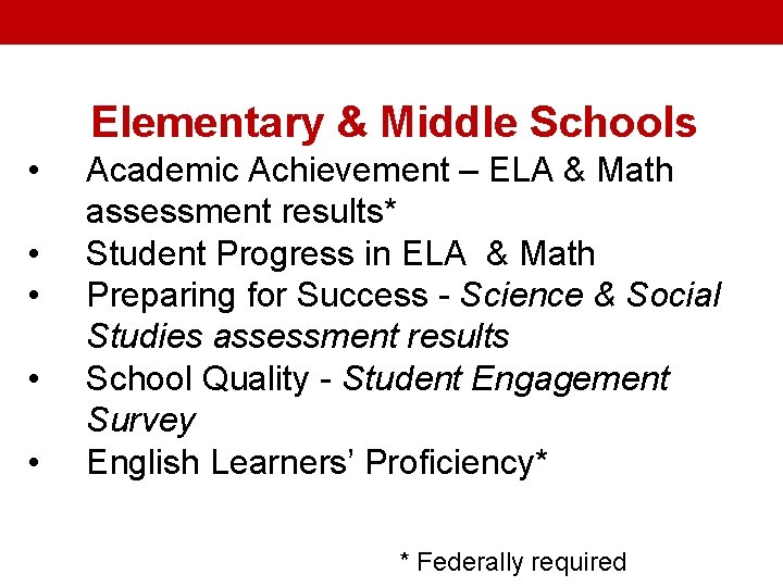 Elementary & Middle Schools • • • Academic Achievement – ELA & Math assessment