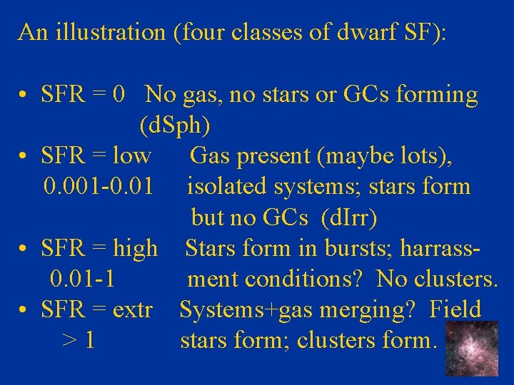 An illustration (four classes of dwarf SF): • SFR = 0 No gas, no