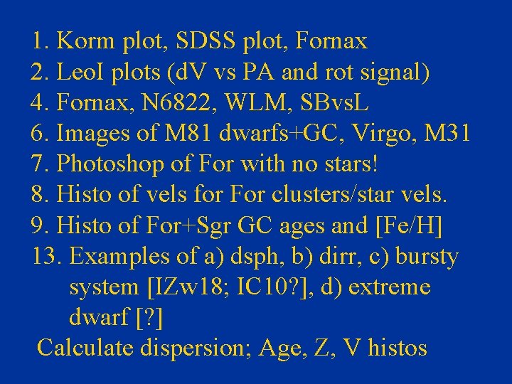 1. Korm plot, SDSS plot, Fornax 2. Leo. I plots (d. V vs PA