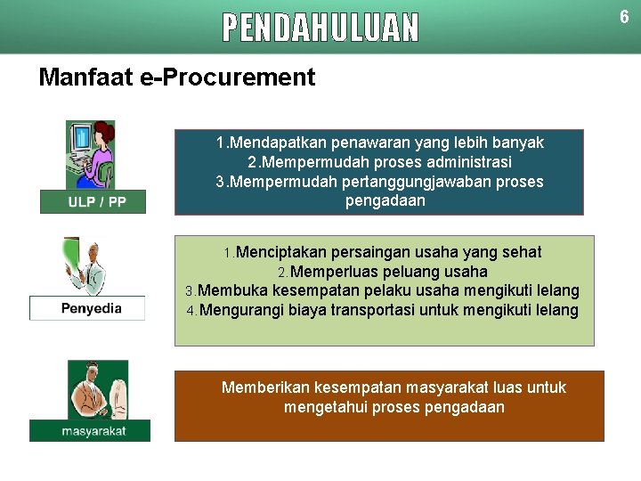PENDAHULUAN 6 Manfaat e-Procurement 1. Mendapatkan penawaran yang lebih banyak 2. Mempermudah proses administrasi