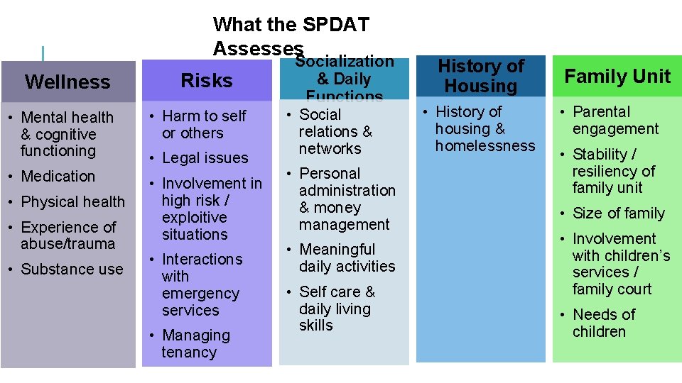 What the SPDAT Assesses Wellness Risks • Mental health & cognitive functioning • Harm