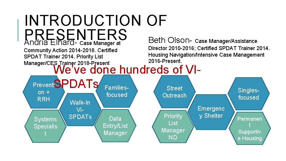 INTRODUCTION OF PRESENTERS Beth Olson. Andria Elhard. Case Manager at Community Action 2014 -2018.