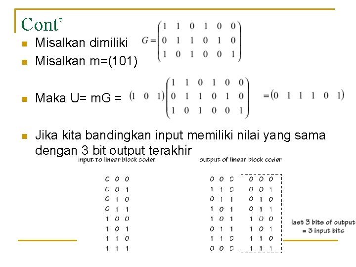 Cont’ n Misalkan dimiliki Misalkan m=(101) n Maka U= m. G = n Jika