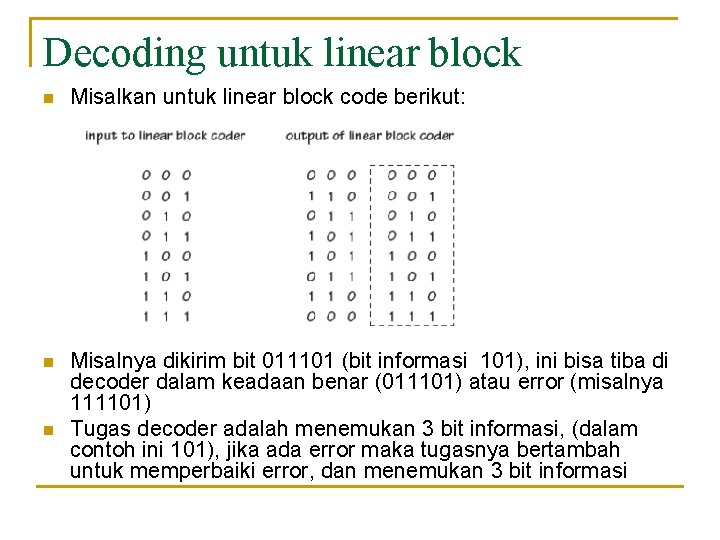 Decoding untuk linear block n Misalkan untuk linear block code berikut: n Misalnya dikirim