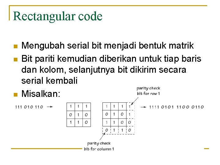 Rectangular code n n n Mengubah serial bit menjadi bentuk matrik Bit pariti kemudian