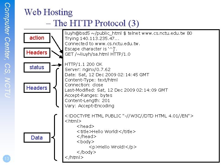 Computer Center, CS, NCTU Web Hosting – The HTTP Protocol (3) action Headers status
