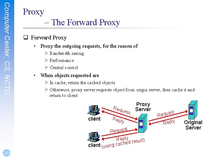 Computer Center, CS, NCTU Proxy – The Forward Proxy q Forward Proxy • Proxy