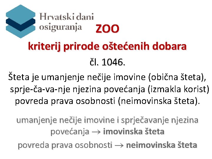 ZOO kriterij prirode oštećenih dobara čl. 1046. Šteta je umanjenje nečije imovine (obična šteta),