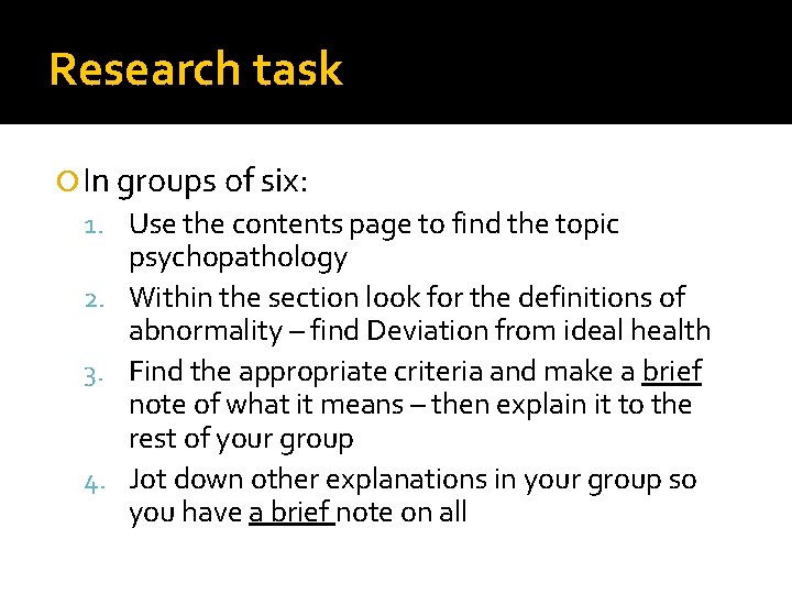 Research task In groups of six: 1. Use the contents page to find the