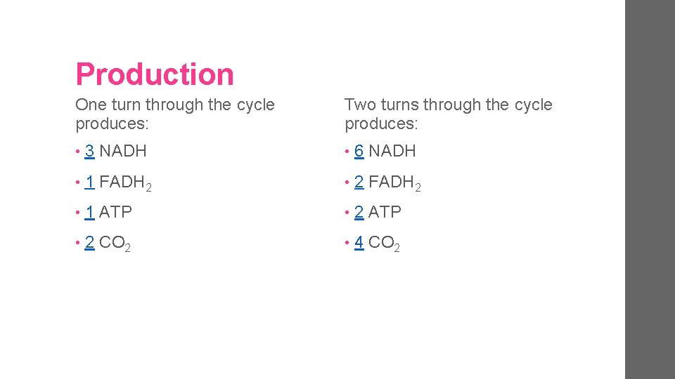 Production One turn through the cycle produces: Two turns through the cycle produces: •