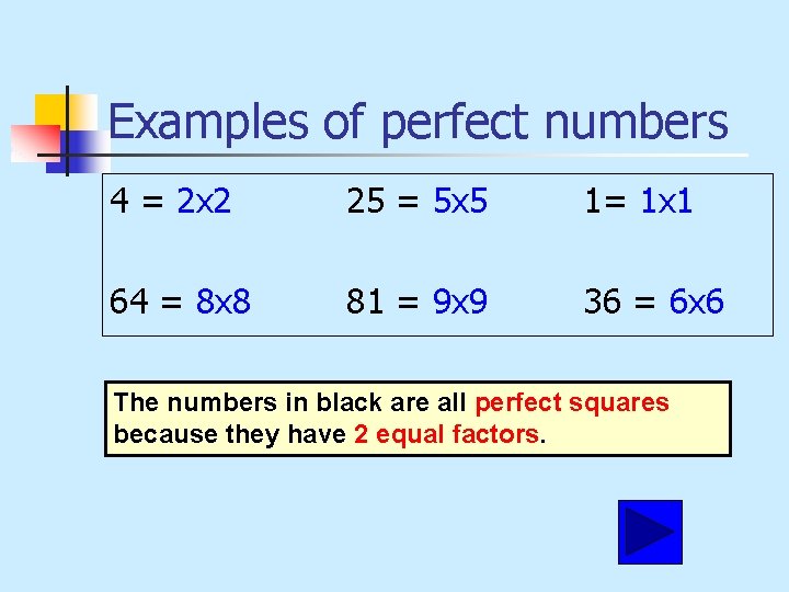 Examples of perfect numbers 4 = 2 x 2 25 = 5 x 5