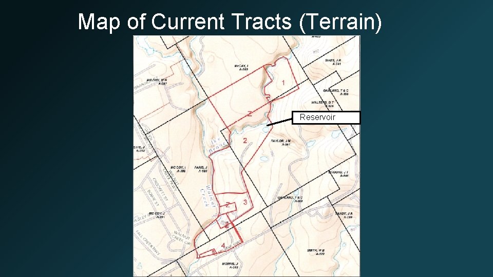 Map of Current Tracts (Terrain) Reservoir Terrain image overlaid by tract boundaries. 