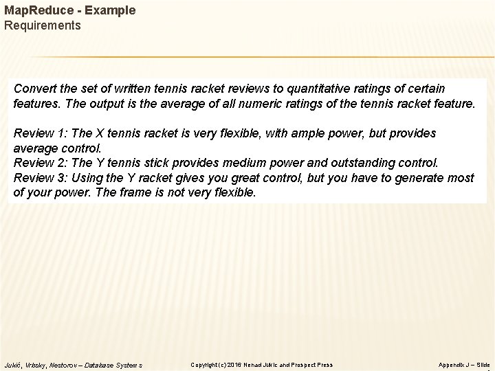 Map. Reduce - Example Requirements Convert the set of written tennis racket reviews to