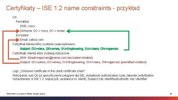 Certyfikaty – ISE 1. 2 name constraints - przykład CA Permitted: DNS: . cisco