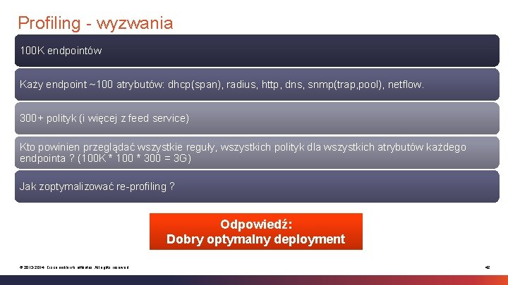 Profiling - wyzwania 100 K endpointów Każy endpoint ~100 atrybutów: dhcp(span), radius, http, dns,