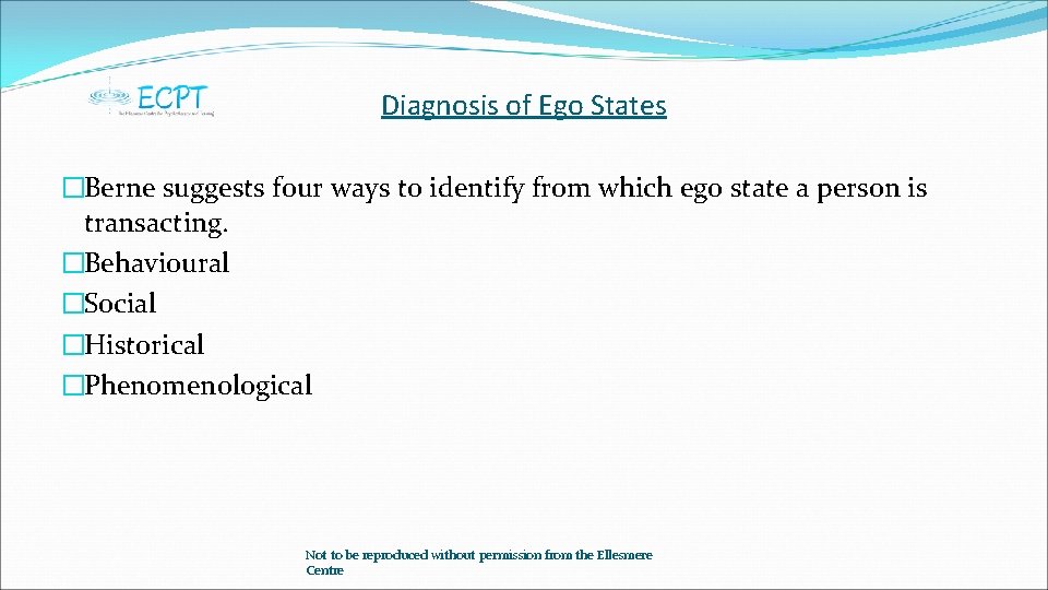 Diagnosis of Ego States �Berne suggests four ways to identify from which ego state