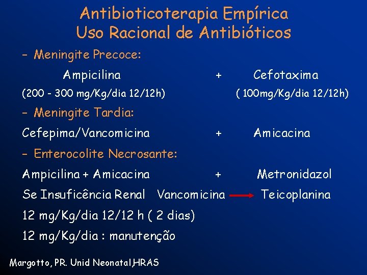 Antibioticoterapia Empírica Uso Racional de Antibióticos – Meningite Precoce: Ampicilina + (200 - 300