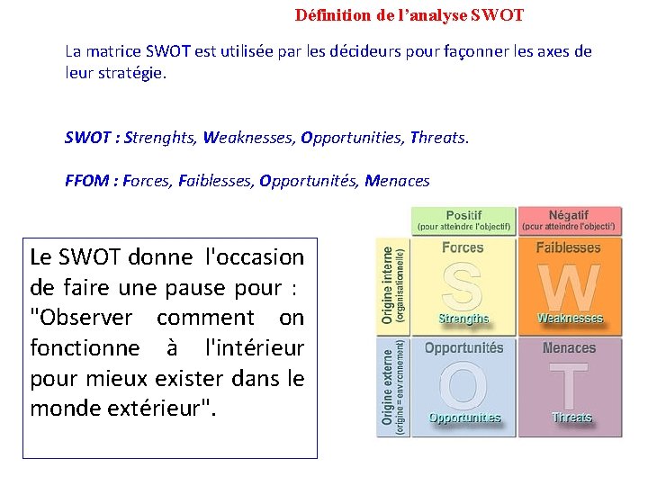 Définition de l’analyse SWOT La matrice SWOT est utilisée par les décideurs pour façonner