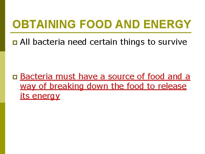 OBTAINING FOOD AND ENERGY p All bacteria need certain things to survive p Bacteria