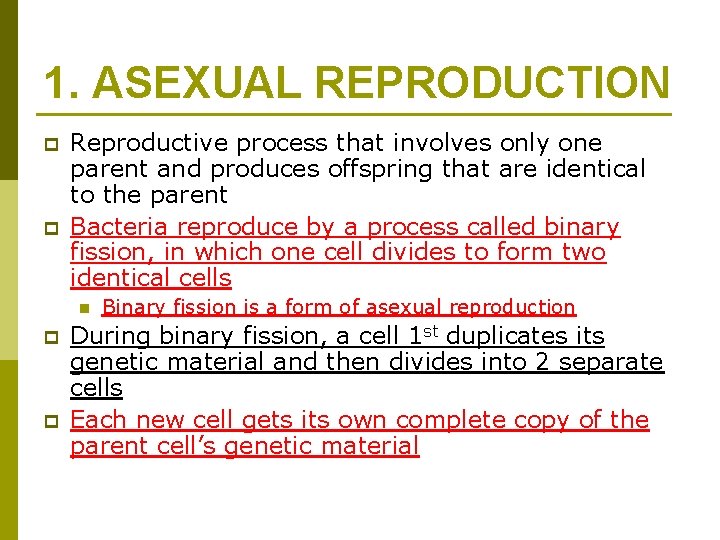 1. ASEXUAL REPRODUCTION p p Reproductive process that involves only one parent and produces