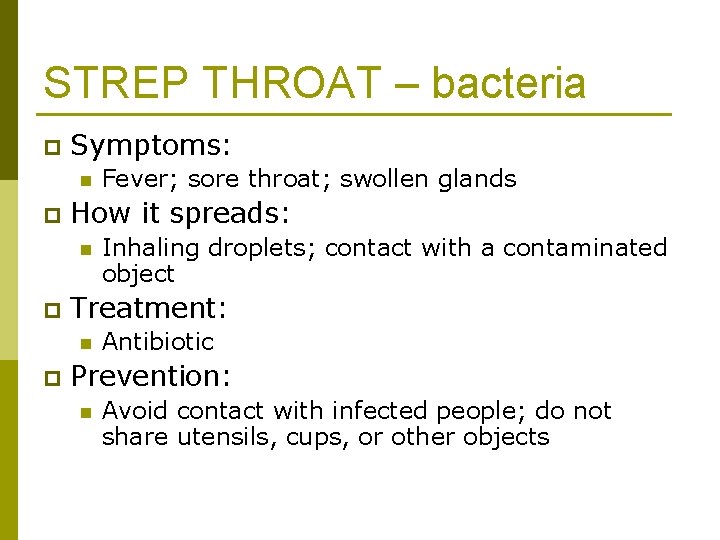STREP THROAT – bacteria p Symptoms: n p How it spreads: n p Inhaling