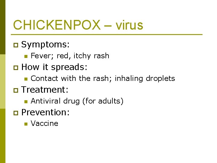 CHICKENPOX – virus p Symptoms: n p How it spreads: n p Contact with